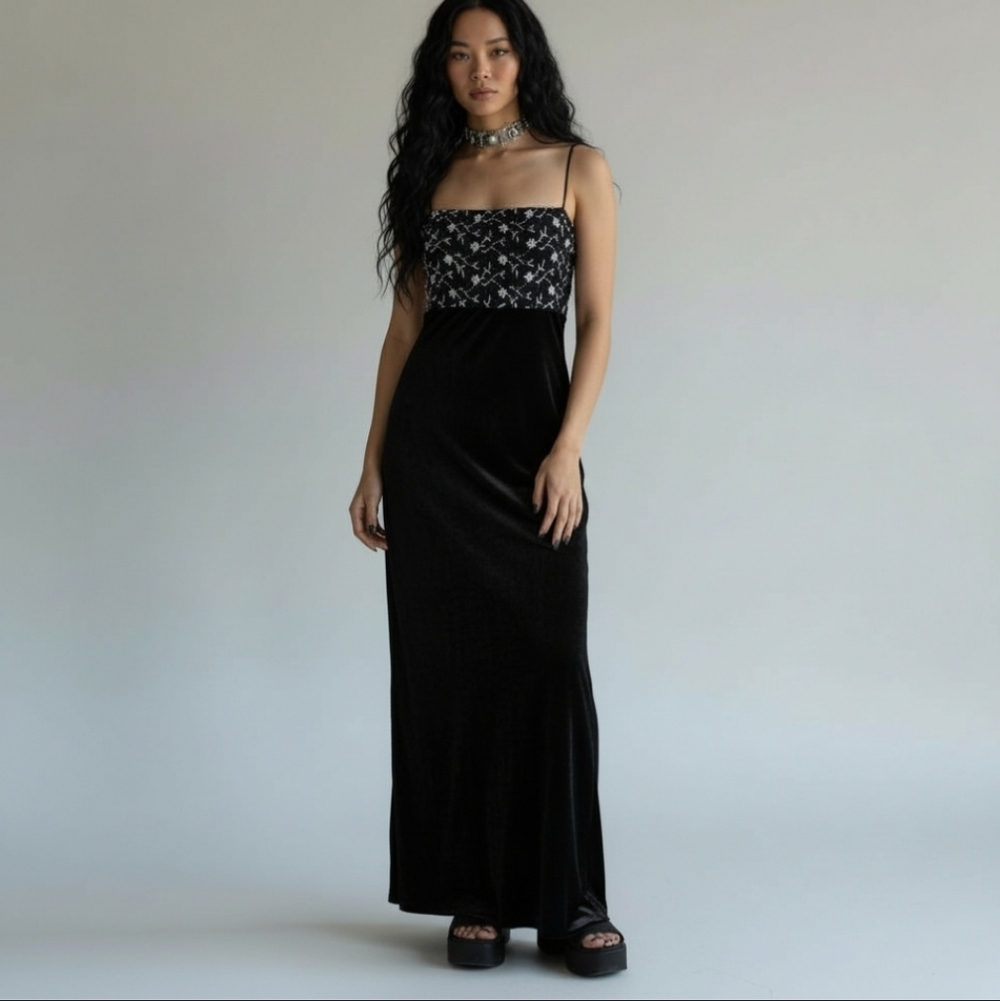 Vintage Dress Y2K Roberta  90s Maxi Velvet Glitter Floral Witchy Whimsigoth Glam